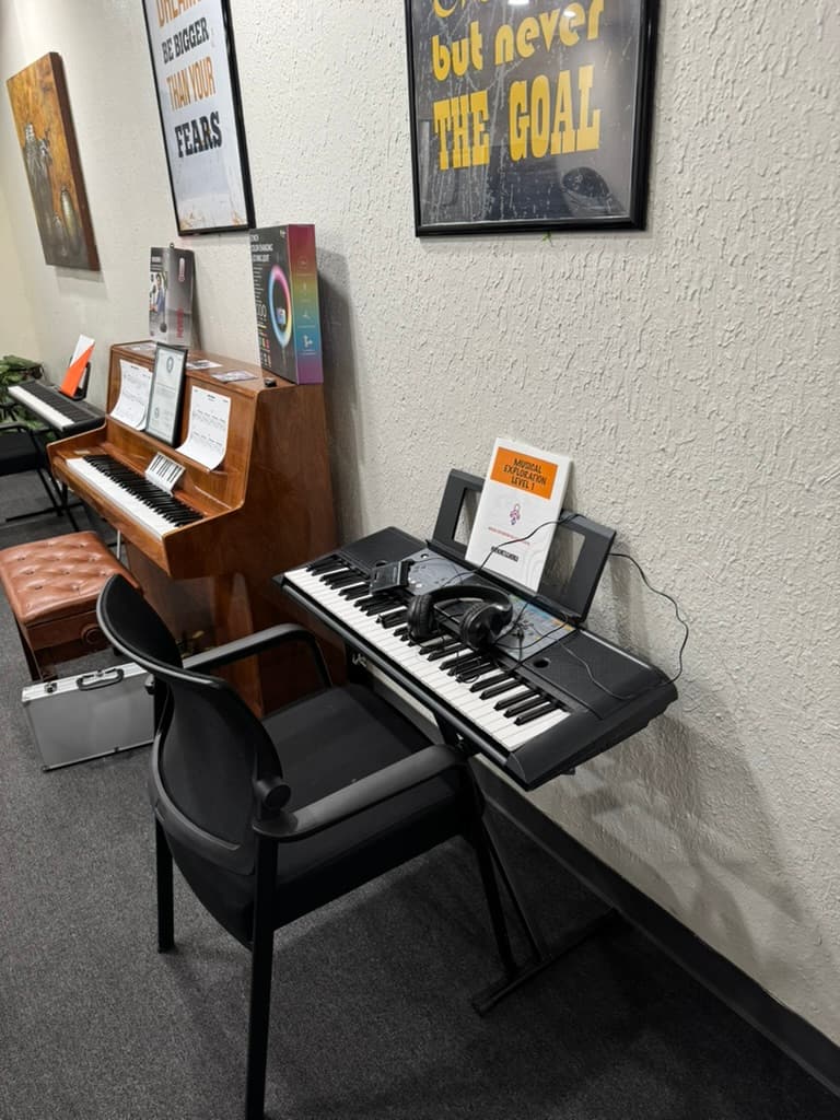 METLC piano and keyboard stations beneath motivational posters.