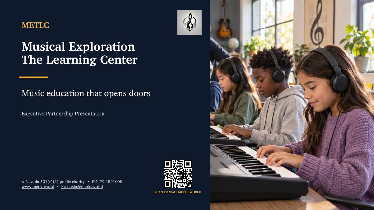 Presentation slide 1: Music education that opens doors. Text summary follows.